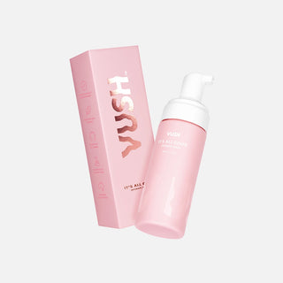 150ml pink bottle with white pump lid and white text that reads "VUSH IT'S ALL GOOD INTIMATE WASH" next to pink rectangular box that reads "VUSH" vertically, against light grey background