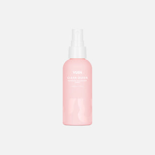 VUSH Clean Queen Intimate Accessory Spray against grey background. Product is a small pink spray bottle with white lid and text that reads 'VUSH Clean Queen Intimate Accessory Spray'.
