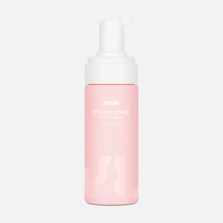 150ml pink bottle with white pump lid and white text that reads "VUSH IT'S ALL GOOD INTIMATE WASH" against light grey background